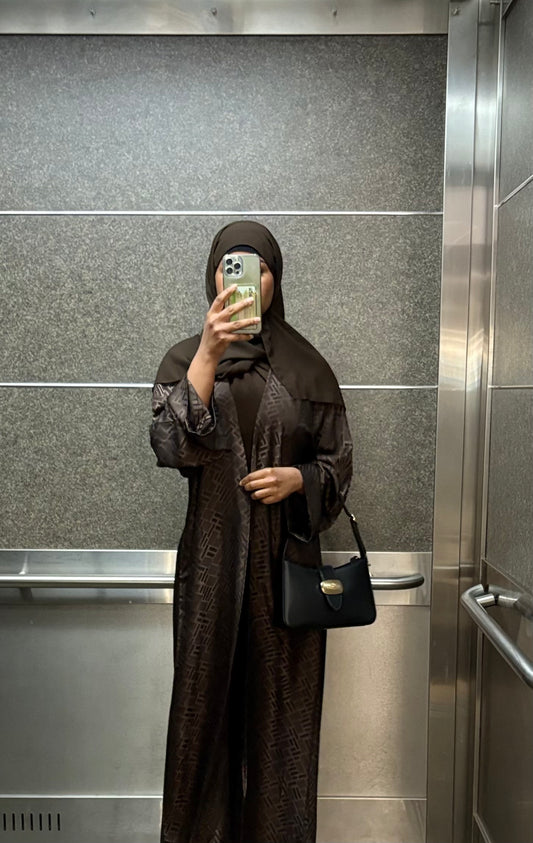 Brown satin abaya 3-piece set with inner and hijab