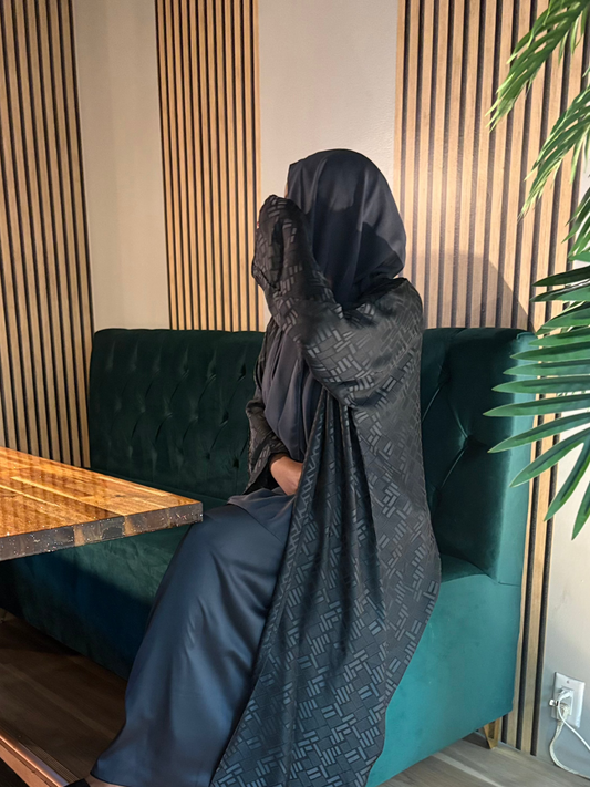 3-piece grey satin checkered abaya with hijab and dress