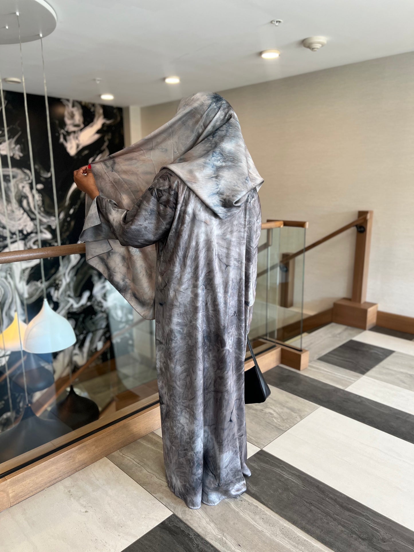 3-piece marble abaya set with inner dress and hijab