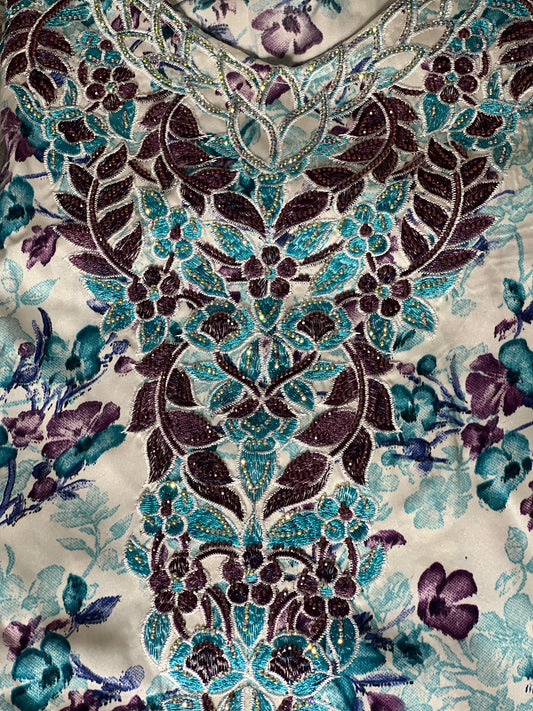 Teal and purple embroidered mukhawar dress with floral beadwork and matching teal chiffon hijab featuring embroidery