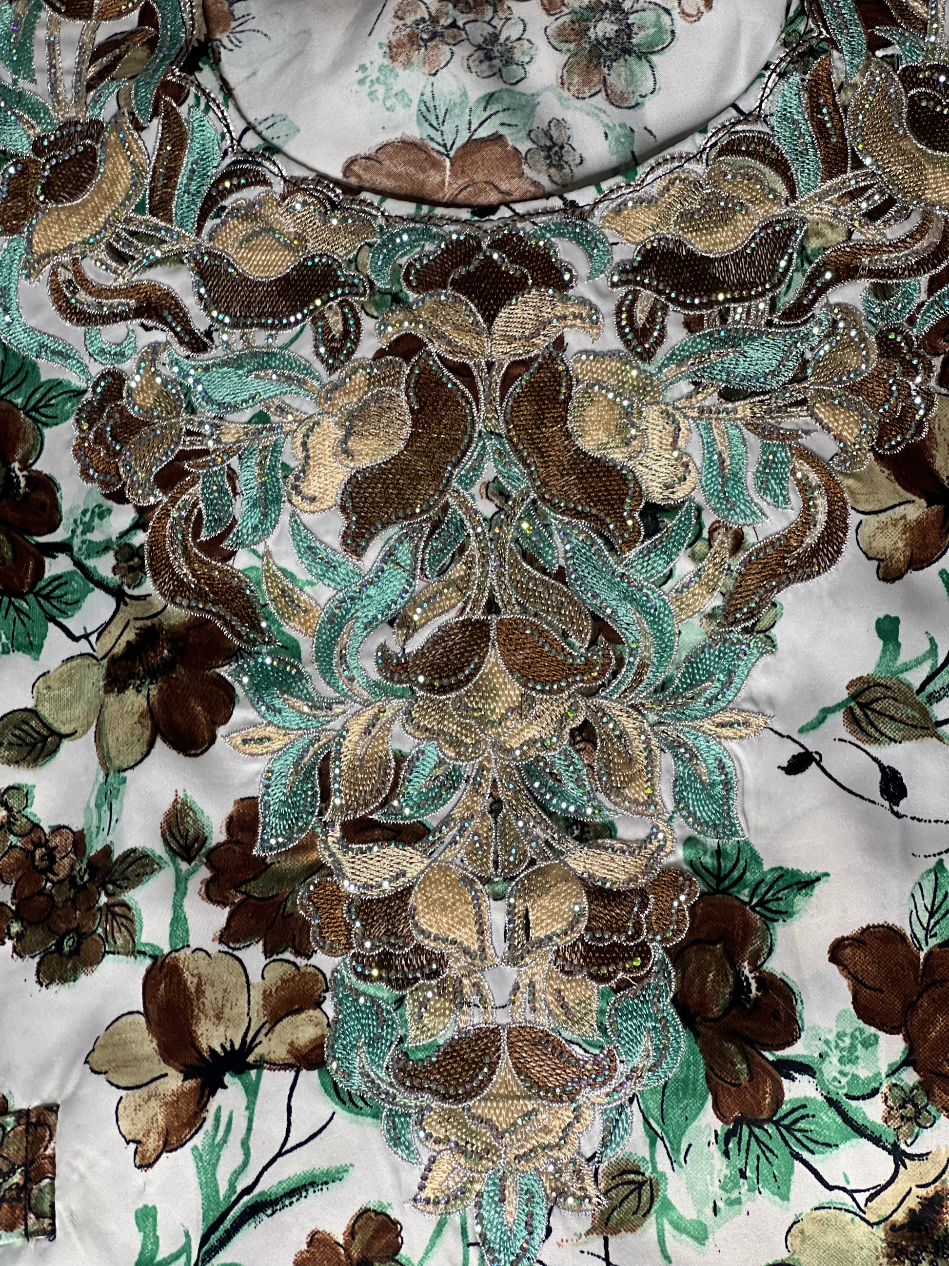 Zahra's Green and brown floral mukhawar dress with intricate hand embroidery and matching scarf