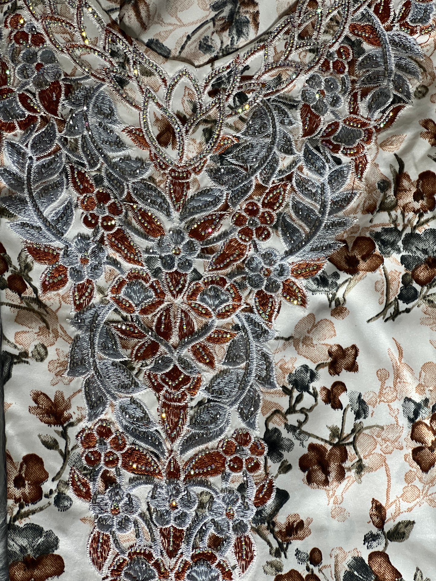 Brown and Silver embroidered mukhawar dress with floral beadwork and matching brown chiffon hijab with leaf embroidery 