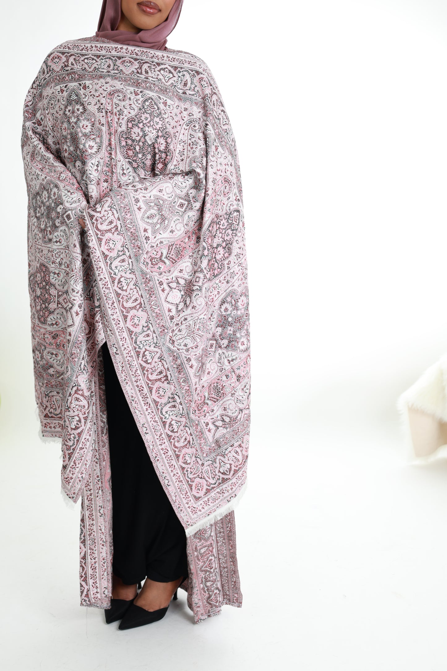 Pure Cashmere Abaya with stone detailing and matching shawl