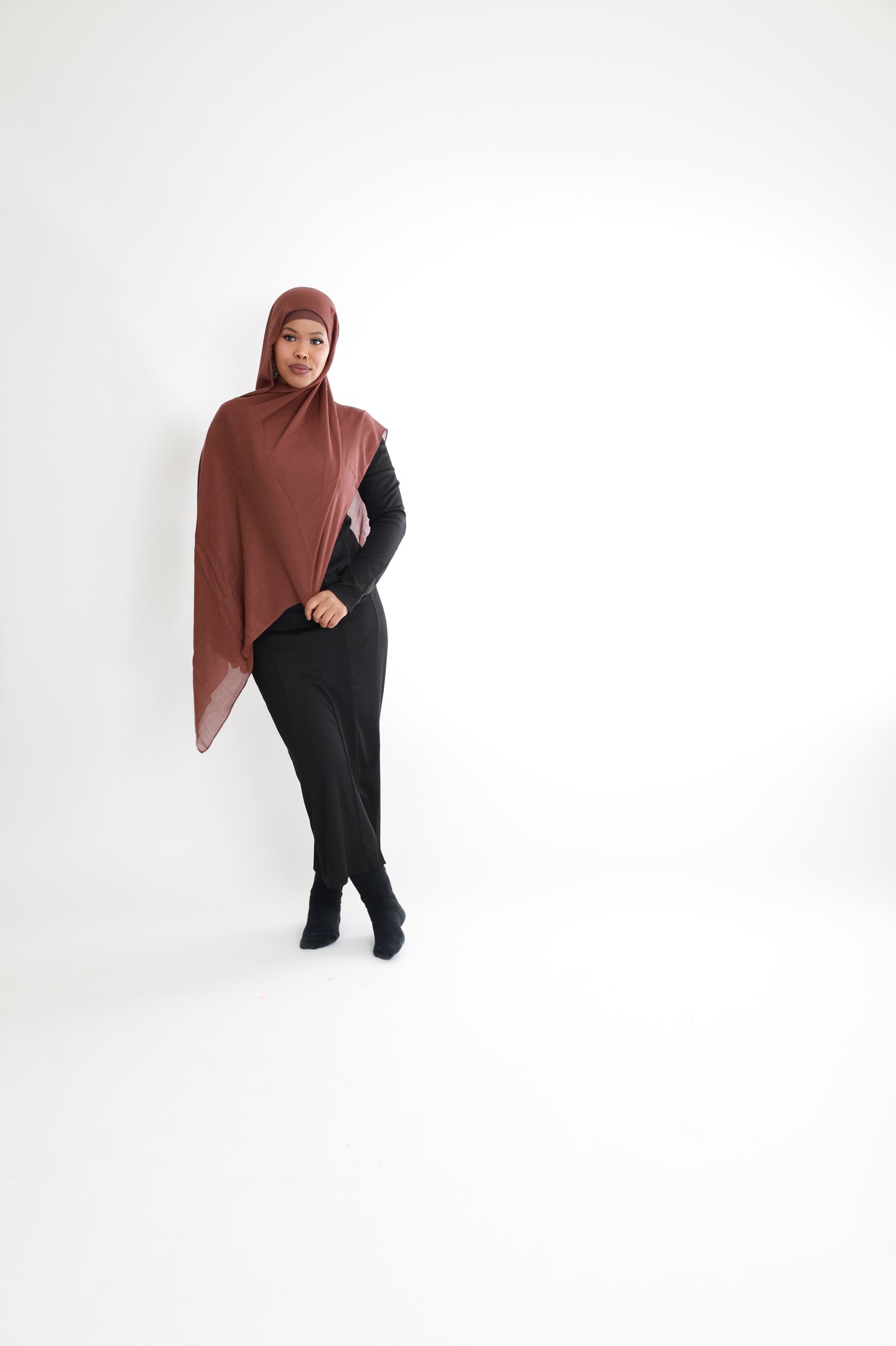 Warm brown modal hijab with matching jersey undercap in a soft, lightweight fabric 